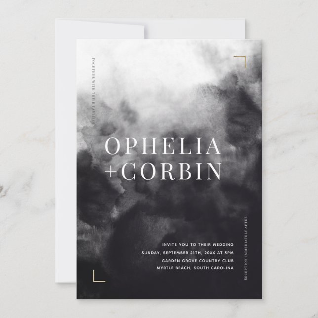 Svart, minimalt Bröllop med Mörken Smokey Inbjudningar (Framsida)