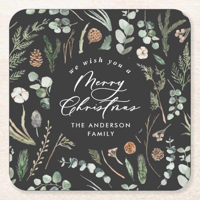 Svart minsta botaniska elegant vid jul underlägg papper kvadrat (Framsidan)