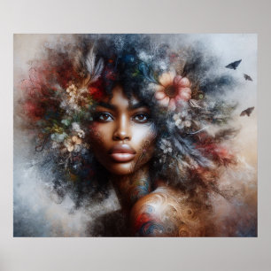 Svart modell high fashion kvinna vacker floral poster