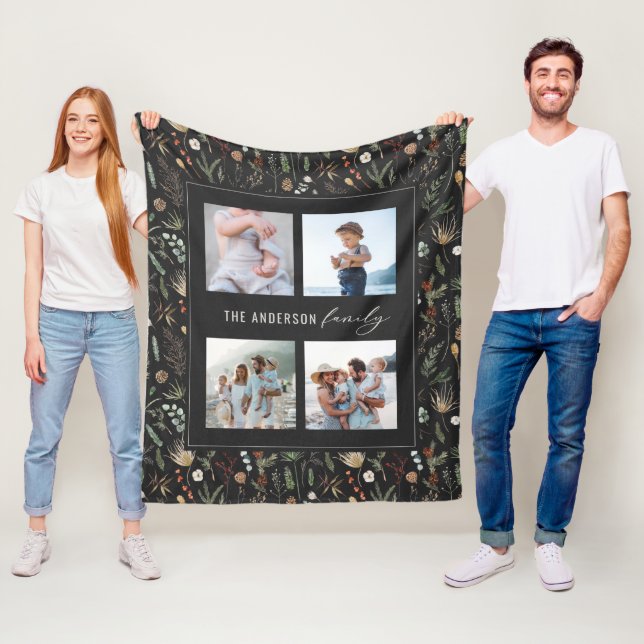 Svart modern 4-fotovattenfärgad botanisk blommigt fleecefilt (På plats)