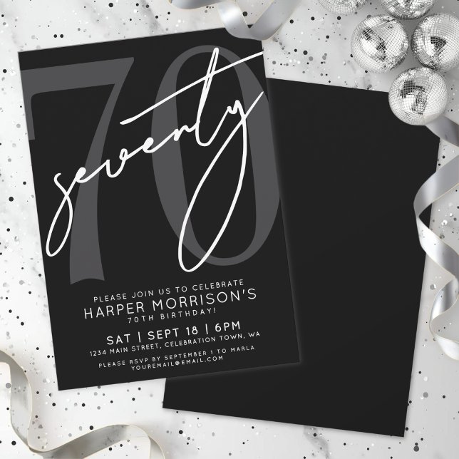 Svart Modern 70-årsfest Inbjudningar (Black Modern 70th Birthday Party Invitation )