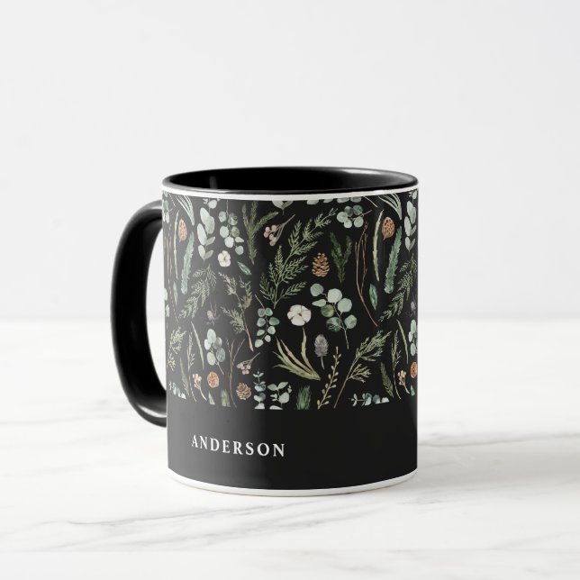 Svart, modern, botanisk elegant, modern mugg (Framsida vänster)