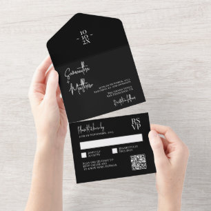 Svart, modern, Bröllop, minimal, QR-kod för