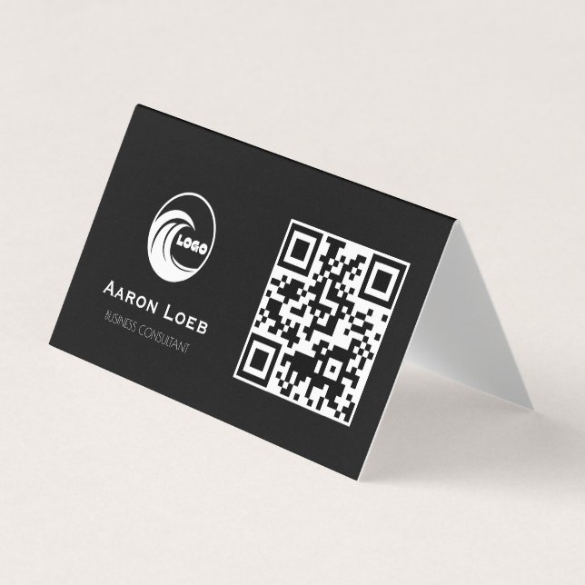 Svart modern design vikbart visitkort med QR-kod (Framsida)
