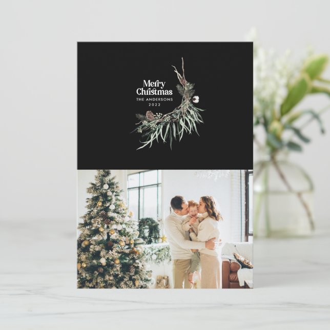 Svart, modern elegant, botanisk rostfärg julkort (Stående Fram)