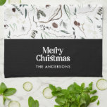 Svart, modern elegant, botanisk rustik k k kökshandduk<br><div class="desc">Svart modern elegant,  rustik vattenfärg,  torkad botanisk blommigt muterade färg helgdag juldesign.</div>