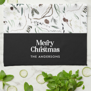 Svart, modern elegant, botanisk rustik k k kökshandduk