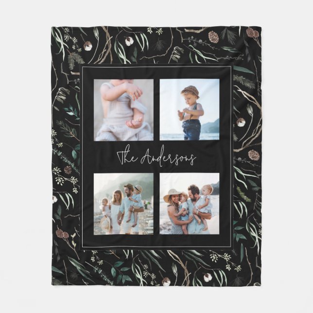 Svart, modern elegant vattenfärg botaniskt 4 foto fleecefilt (Framsidan)