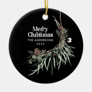 Svart, modern elegant vattenfärg botaniskt julgransprydnad keramik