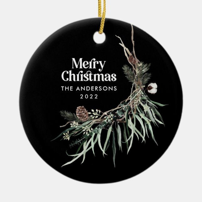 Svart, modern elegant vattenfärg botaniskt julgransprydnad keramik (Framsidan)