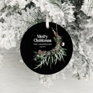 Svart, modern elegant vattenfärg botaniskt julgransprydnad keramik