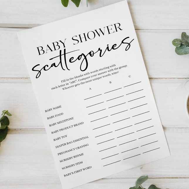 Svart Modern Enkel Skript Baby Scattegories Lek Flygblad (Skapare uppladdad)