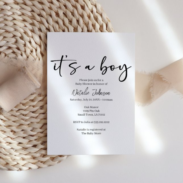 Svart Modern Enkel Skript Pojke Baby Shower Inbjudningar (Skapare uppladdad)