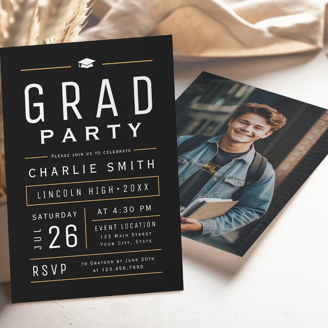 Svart modern enkel typografi, Studentfest Inbjudningar (Black Modern Simple Typography Graduation Party Invitation)
