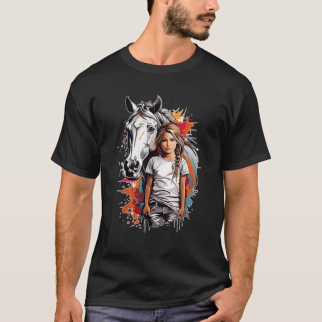 Svart modern färgstark grafisk häst, liten S T Shirt (Framsida)