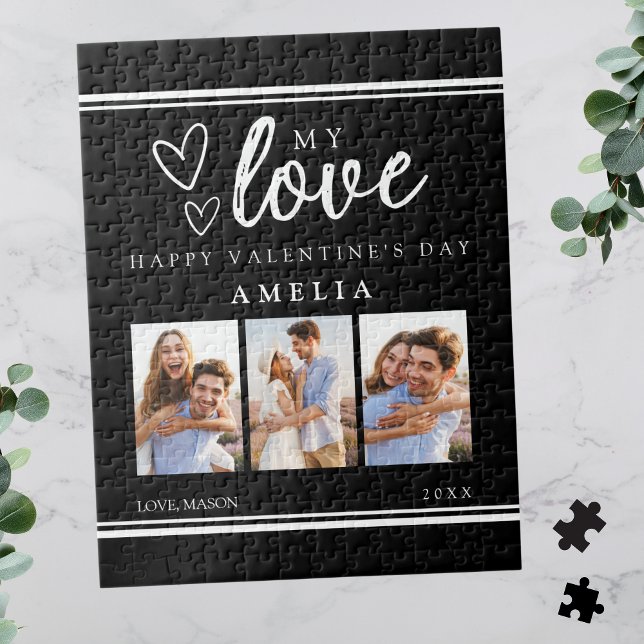 Svart Modern Glad Alla Hjärtans Dags Fotokollage Pussel (Black Modern Happy Valentine's Photo Collage Jigsaw Puzzle for Her)