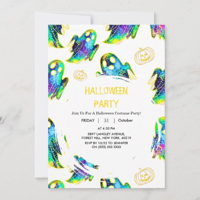 Svart | Modern Glitter Pumpkin Ghost Halloween Inbjudningar (Framsida)
