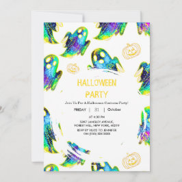 Svart | Modern Glitter Pumpkin Ghost Halloween Inbjudningar
