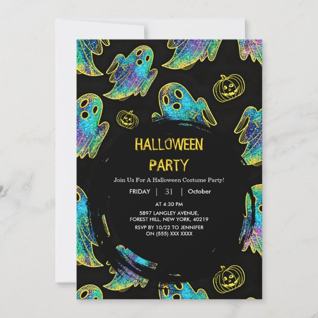 Svart | Modern Glitter Pumpkin Ghost Halloween Inbjudningar (Framsida)