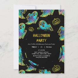Svart | Modern Glitter Pumpkin Ghost Halloween Inbjudningar