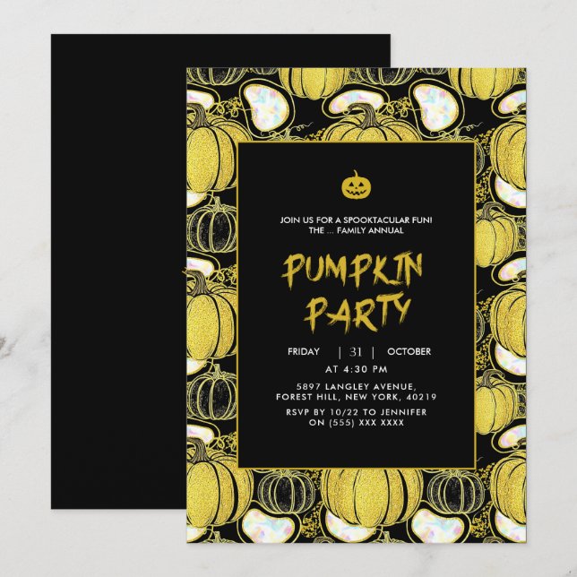 Svart | Modern Glitter Pumpkin Halloween-inbjudan Inbjudningar (Fram/baksida)