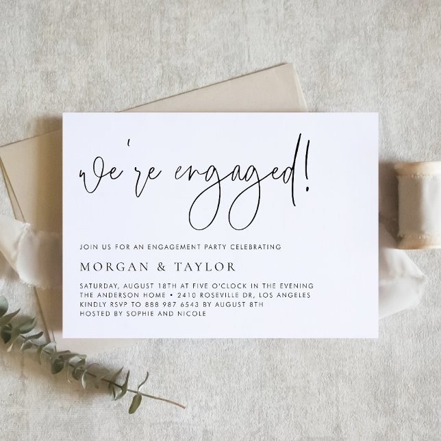 Svart modern handskriven Förlovningsfest Inbjudningar (This minimalist engagement party invitation features modern calligraphy and a clean layout.)