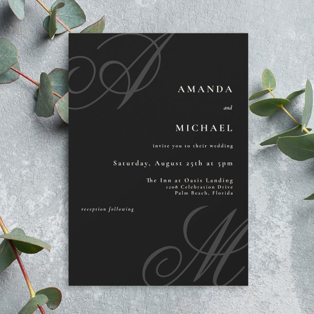 Svart Modern Kant Elegant - minimalt Monogram Bröl Inbjudningar (A simple elegant wedding invitation with calligraphy monogram initials along the edges.)