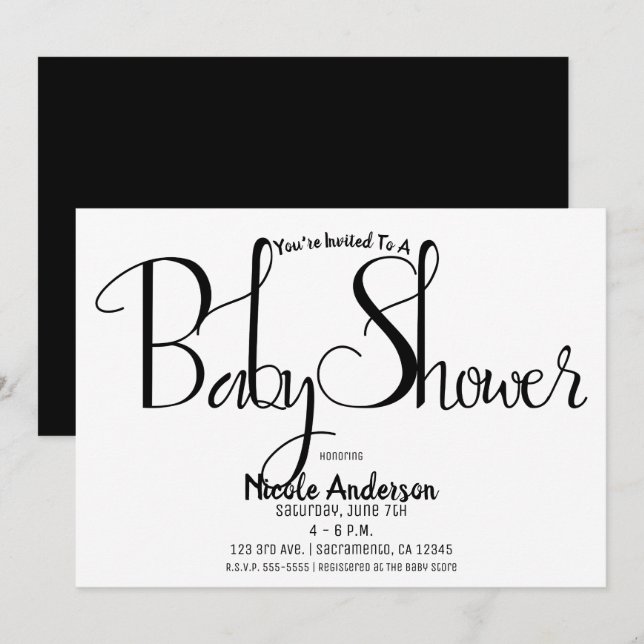 Svart modern minimal baby shower-fest inbjudningar (Fram/baksida)
