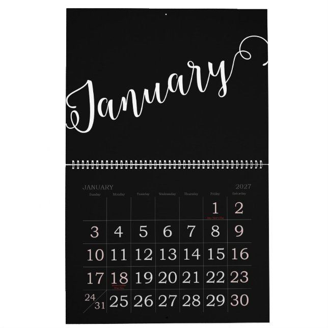 Svart | Modern, minimal kalender (Jan 2027)