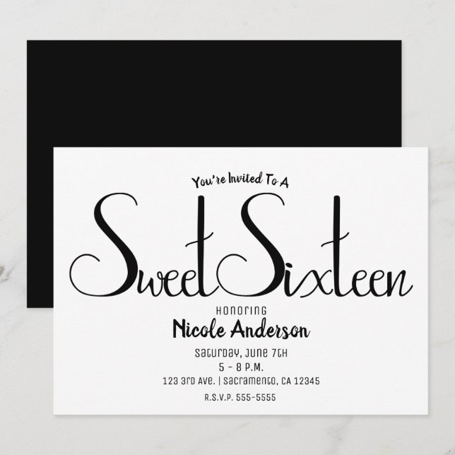 Svart modern minimal söt sexton 16 födelsedagsfest inbjudningar (Fram/baksida)