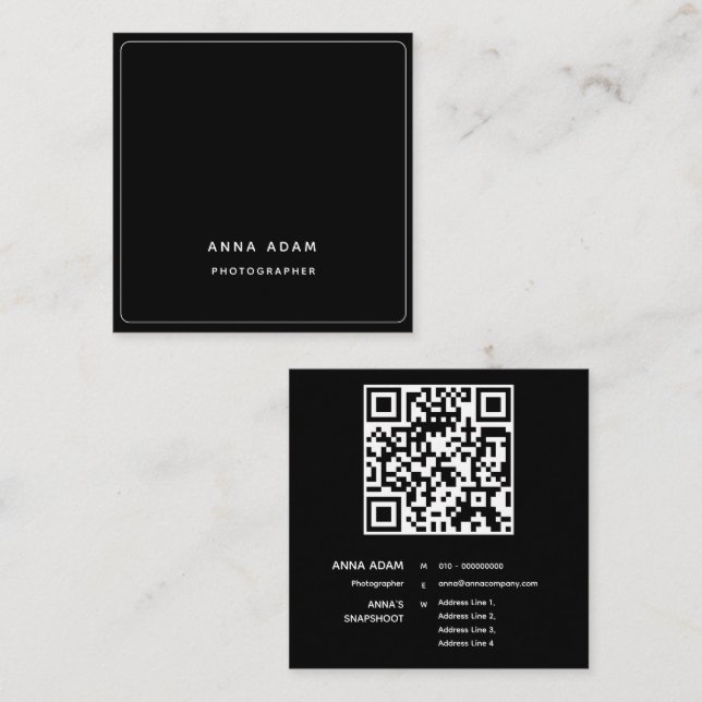 Svart, modern, minimalistisk, enkel, QR-kod Fyrkantigt Visitkort (Fram/baksida)