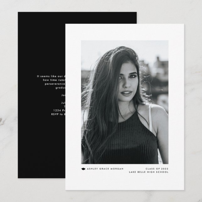 Svart Modern Minimalistisk Foto Examen Meddelande (Fram/baksida)