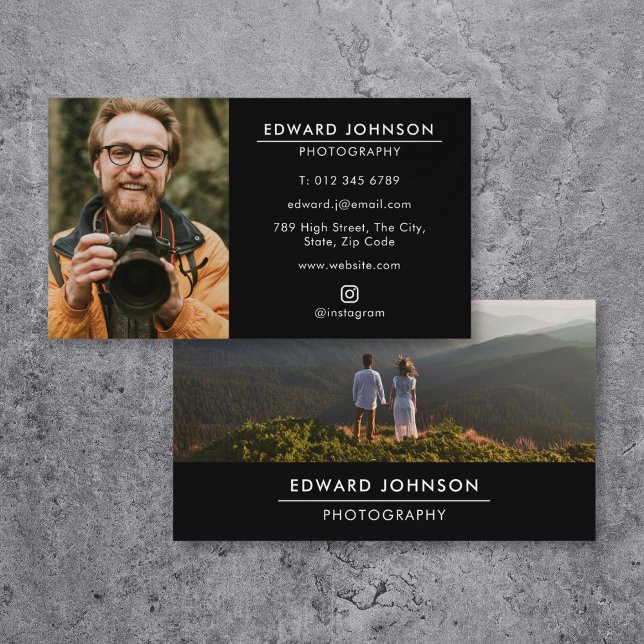 Svart Modern Minimalistisk Fotografi Visitkort (Black Modern Minimalist Photo Photography Business Card)