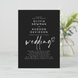 Svart Modern Minimalistisk Hjärt Typografi Bröllop Inbjudningar