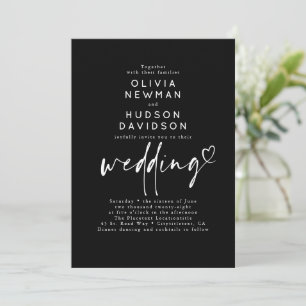 Svart Modern Minimalistisk Hjärt Typografi Bröllop Inbjudningar