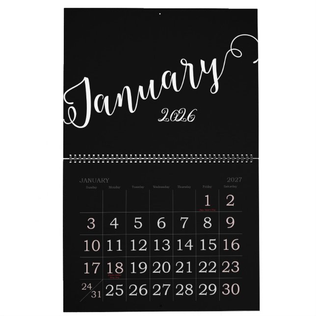 Svart | Modern, minimalistisk kalender (Jan 2027)