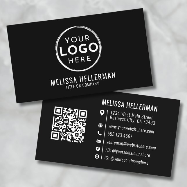 Svart Modern Minimalistisk Professionell Logotyp Q Visitkort (Black Modern Minimalist Professional Logo QR Code Business Card)