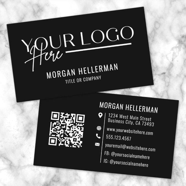 Svart Modern Minimalistisk Professionell Logotyp Q Visitkort (Black Modern Minimalist Professional Logo QR Code Business Card)