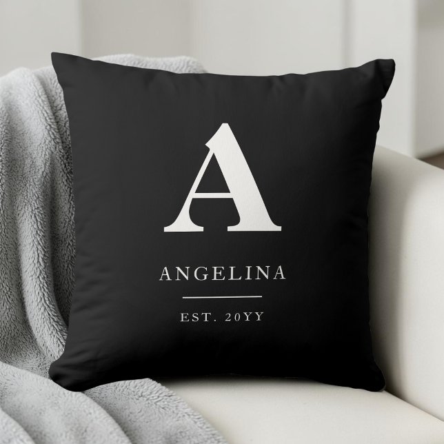Svart modern monogram initial etablerad kudde (Black Custom Modern Monogram Initial Established Throw Pillow)