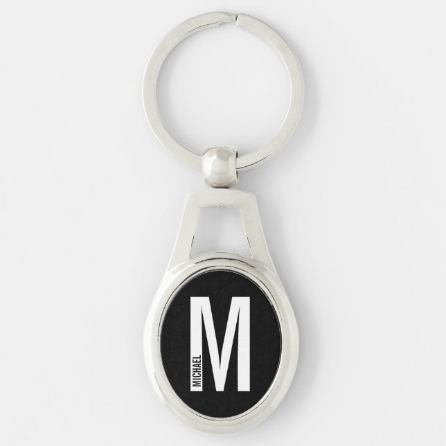 Svart Modern Personlig Monogram och Namn Ovalt Silverfärgad Nyckelring (Framsidan)