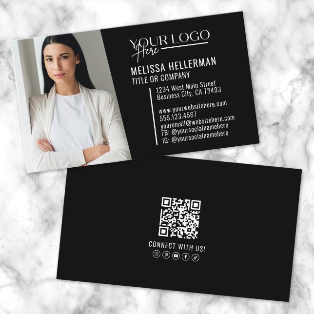 Svart Modern Professionell QR-kod Foto Logotyp Visitkort (Black Modern Professional QR Code Photo Logo Business Card)