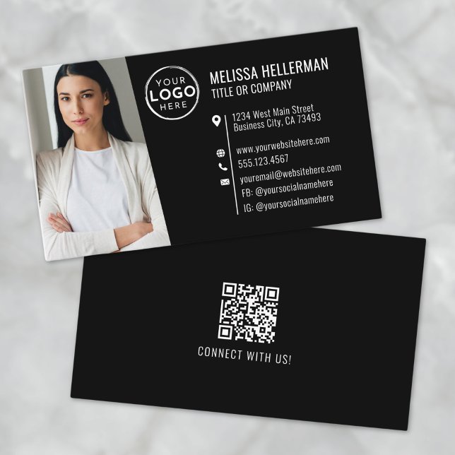 Svart Modern Professionell QR-kod Foto Logotyp Visitkort (Black Modern Professional QR Code Photo Logo Business Card)