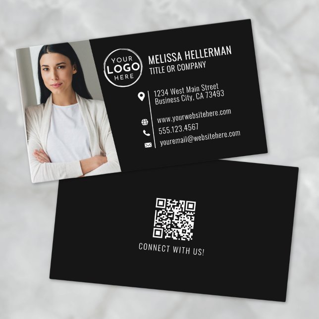 Svart Modern Professionell QR-kod Foto Logotyp Visitkort (Black Modern Professional QR Code Photo Logo Business Card )