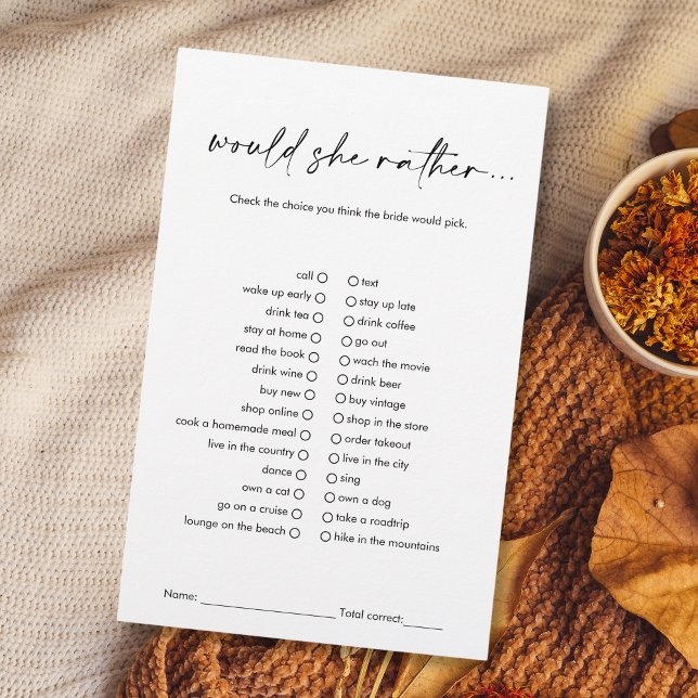 Svart Modern skulle hon hellre spela Möhippa (modern minimalist black and white "would she rather..." bridal shower game)