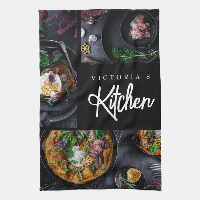 Svart modern Snyggt Typography Anpassningsbar Phot Kökshandduk (Vertikal)