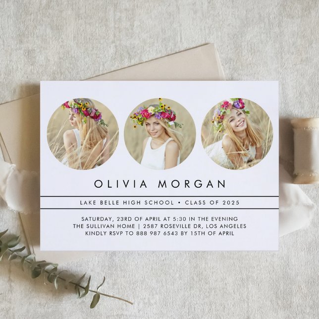 Svart Modern Tredelad Fotokollage Examen Inbjudningar (Customizable three-photo collage graduation invitation. )