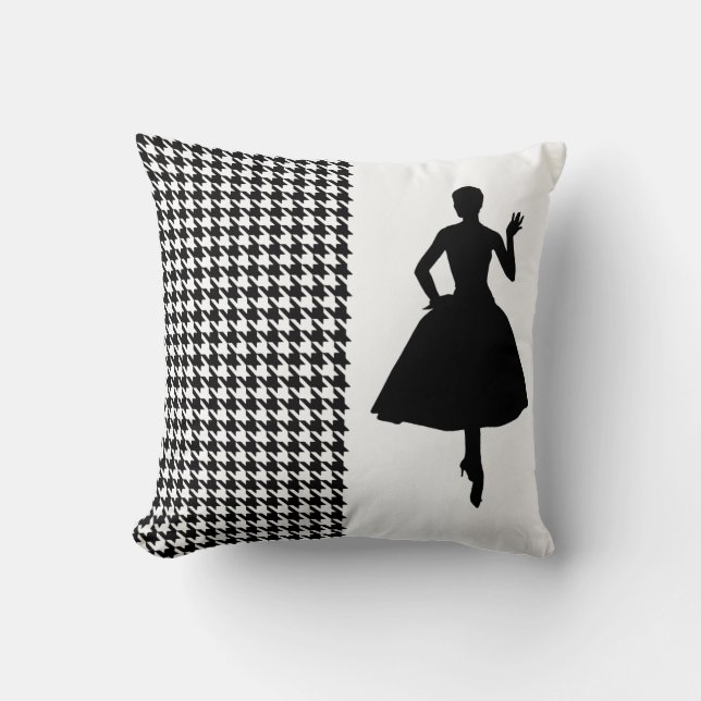 Svart moderna Houndstooth med modesilhouetten Kudde (Framsida)