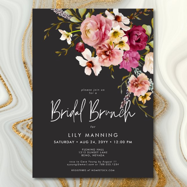 Svart Möhippa för modern Elegant-Blommigt,  Inbjudningar (Modern Elegant Meadow Floral Black Bridal Brunch Invitation)