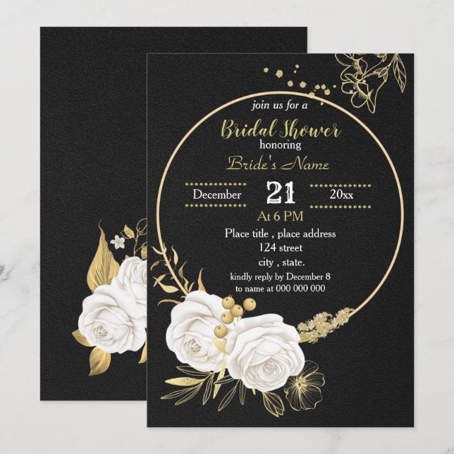 svart möhippa för vit och guld blommigt inbjudningar (Fram/baksida)