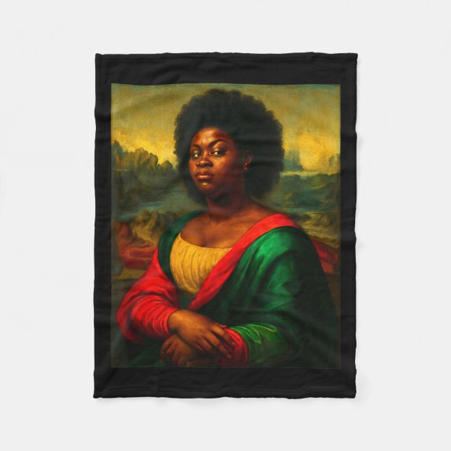 Svart Mona Lisa Sidoblick Afro Kvinna Svart Histor Fleecefilt (Framsidan)